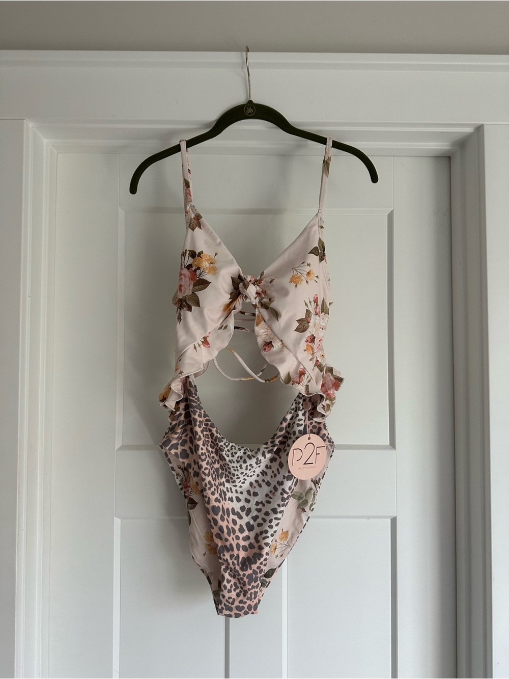 Floral & Leopard Print One-Piece Swim Suit with Cutouts
